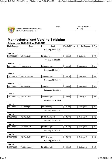 Mannschafts- und Vereins-Spielplan - SG Eintracht Mendig/Bell