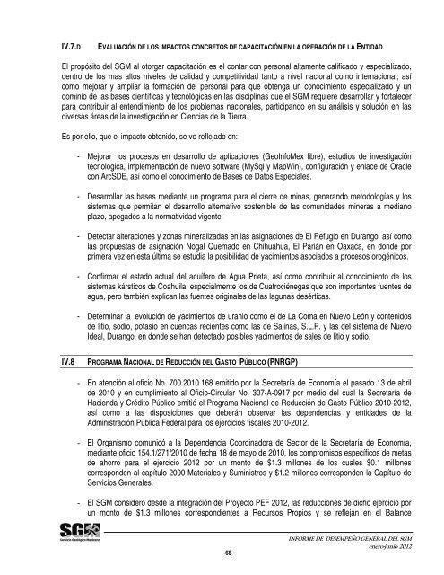 Informe de DesempeÃ±o General del - Servicio GeolÃ³gico Mexicano