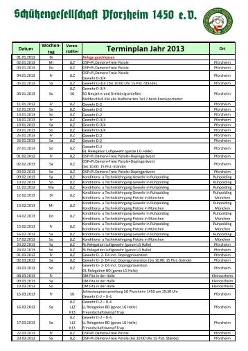 Terminplan 2013 der SchÃ¼tzengesellschaft Pforzheim