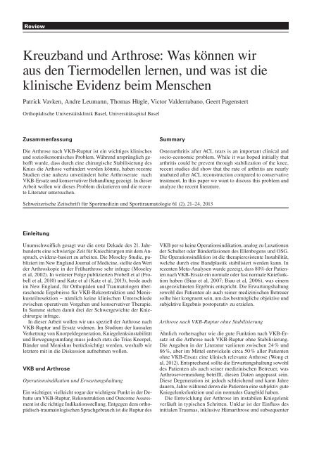 Kreuzband und Arthrose: Was können wir aus den ... - SGSM