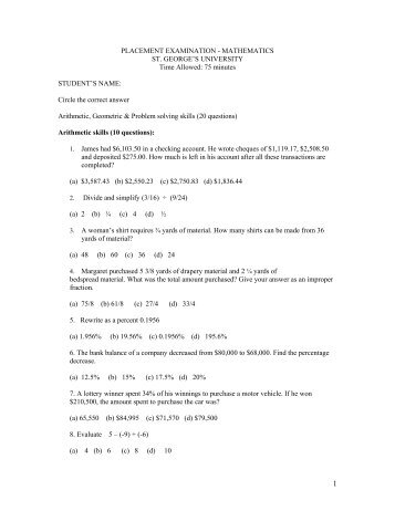 PLACEMENT EXAM - MATHEMATICS - St. George's University