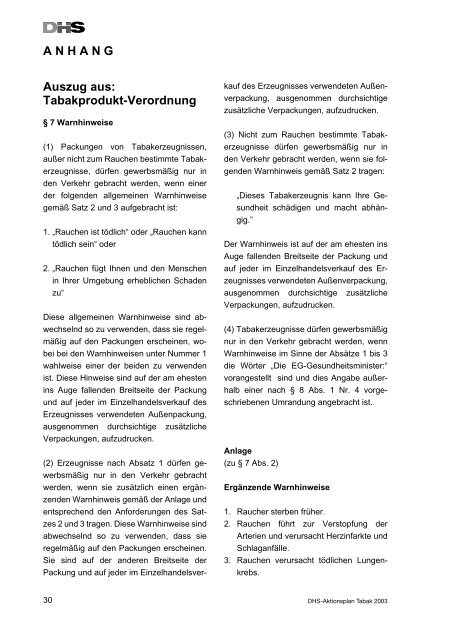 Aktionsplan Tabak 2003 - und Gesundheitswesen