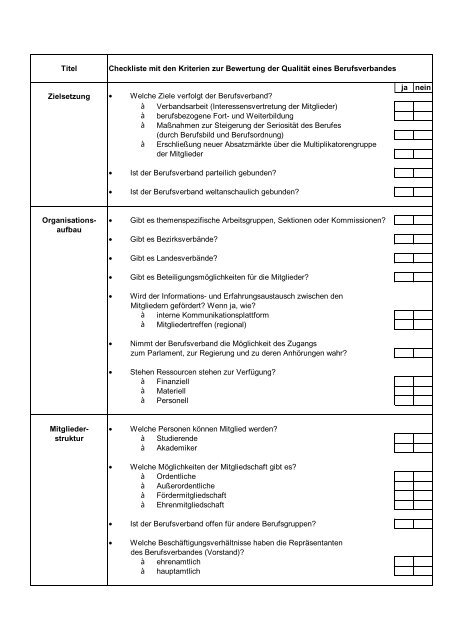 Titel Checkliste mit den Kriterien zur Bewertung der QualitÃ¤t eines ...