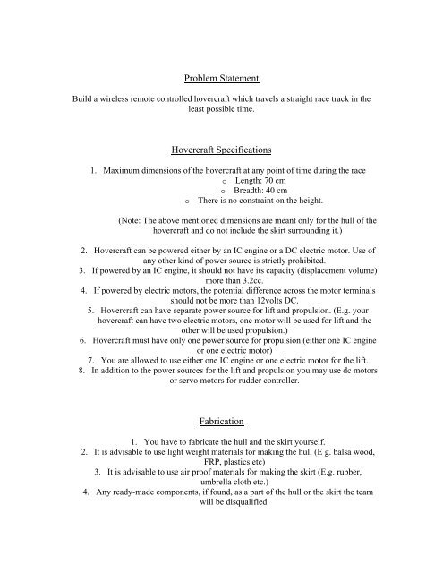 Problem Statement Hovercraft Specifications Fabrication - Shaastra