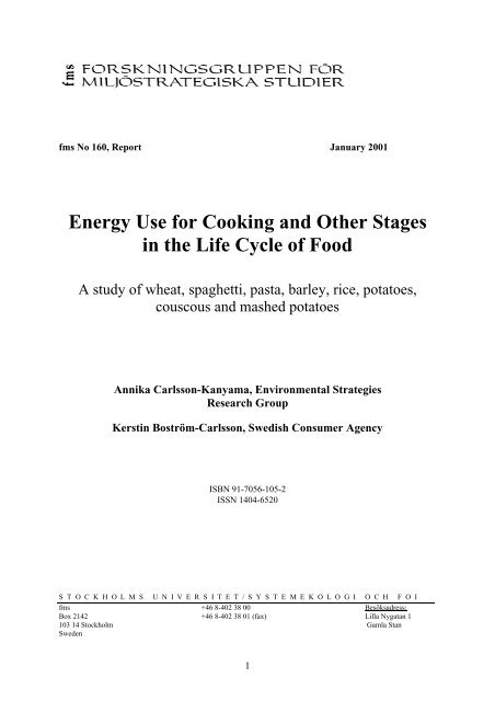 Energy Use for Cooking and Other Stages in the Life Cycle of Food