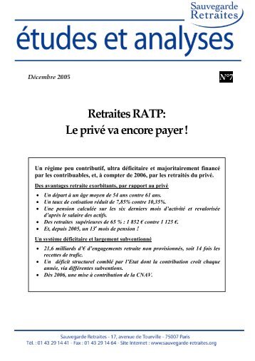 Retraites RATP: Le privÃ© va encore payer ! - Sauvegarde retraites