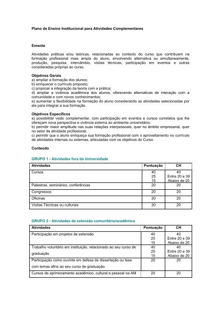 Plano de Ensino Institucional para Atividades Complementares ...