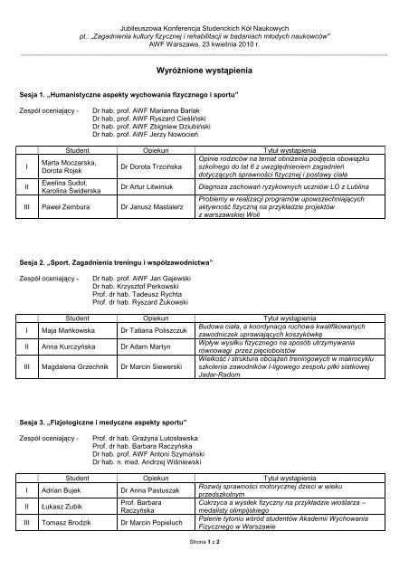 Lista wszystkich nagrodzonych - Akademia Wychowania Fizycznego