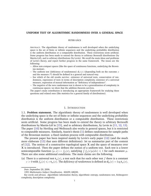 uniform test of algorithmic randomness over a general ... - CiteSeerX