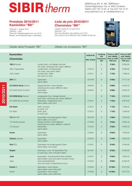 Preisliste 2010/2011 Liste de prix 2010/2011 Cheminées "BK ... - Sibir