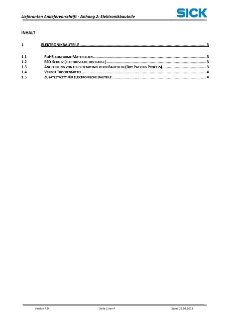 Lieferanten – Anliefervorschrift Anhang 2: Elektronikbauteile - Sick