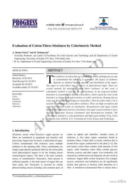 Evaluation of Cotton Fibers Stickiness by Colorimetric Method