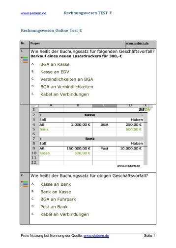 Textaufgaben zum Test E - Siebern