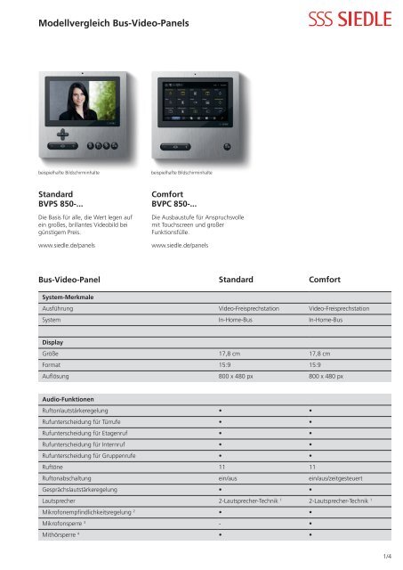 Modellvergleich Bus-Video-Panels - Siedle