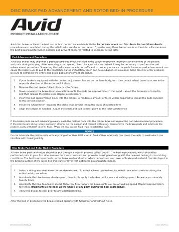 Disc Brake PaD aDvancement anD rotor BeD-in ProceDure - Sram