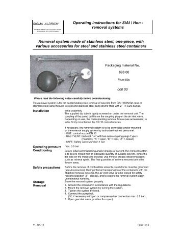 Removal System Made of Stainless Steel with ... - Sigma-Aldrich