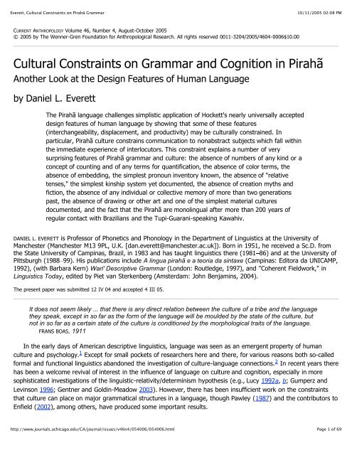 Everett, Cultural Constraints on Pirahã Grammar - SIL International