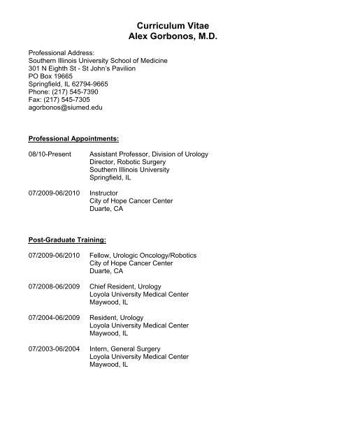 Curriculum Vitae Alex Gorbonos, M.D. - SIU School of Medicine