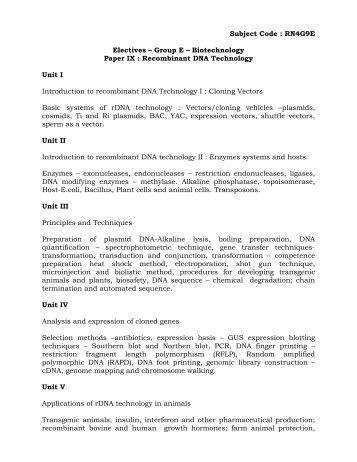 Subject Code : RN4G9E Electives – Group E – Biotechnology Paper IX