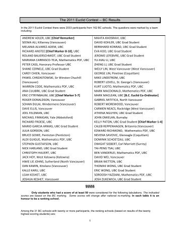 B.C.Euclid results 2011 - UBC Mathematics Department Outreach