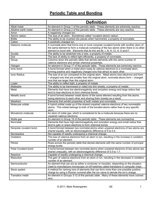 Unit 6: Periodic Table and Bonding - Mark Rosengarten
