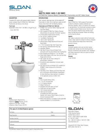 WETS 2000.1402-1.28-SMO Specification - Sloan Valve Company