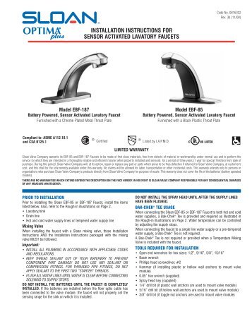 Optima Plus EBF-85/187 Lavatory Faucet Installation Instructions