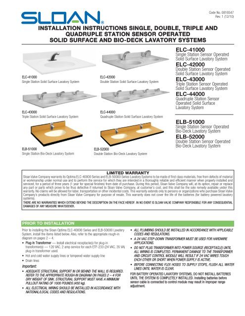 ELC and ELB Lavatory Series Installation Instructions - Sloan Valve ...