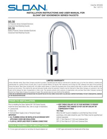 Optima i.q. EAF-700/EAF-750 Faucet Installation Instruction | Sloan