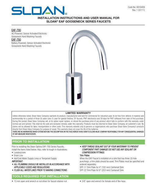 Optima I Q Eaf 700 Eaf 750 Faucet Installation Instruction Sloan