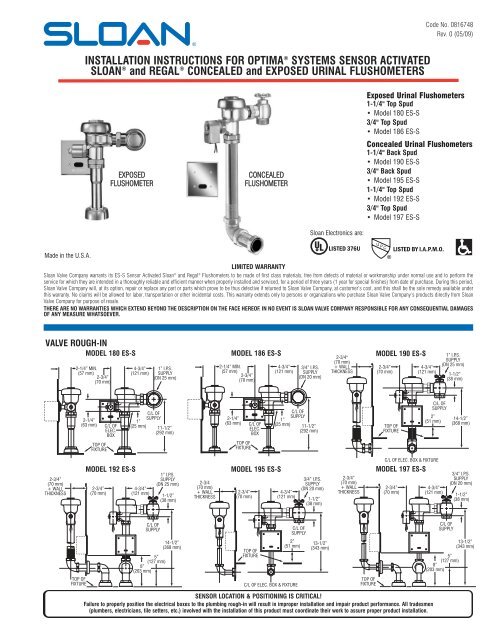 Sloan and Regal Optima Urinal Flushometer Installation Instruction