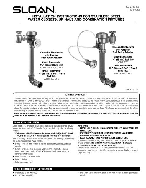 Prison Flushometers Installation Instructions Sloan Valve Company 6895