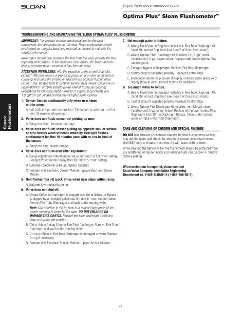 Optima Plus Flushometer Maintenance Guide - Sloan Valve Company