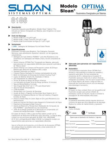 Especificaciones del Sloan Optima Plus 8186 - Sloan Valve Company