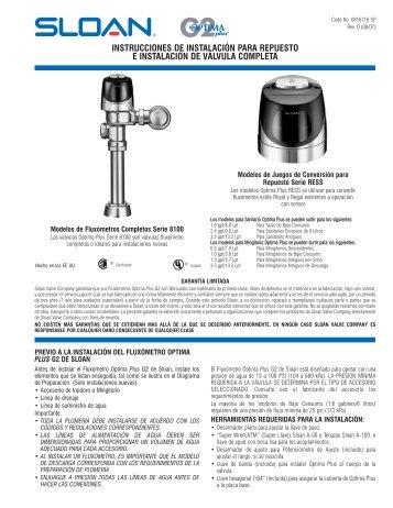 Instrucciones de Instalación: G2 Optima Plus - Sloan Valve Company