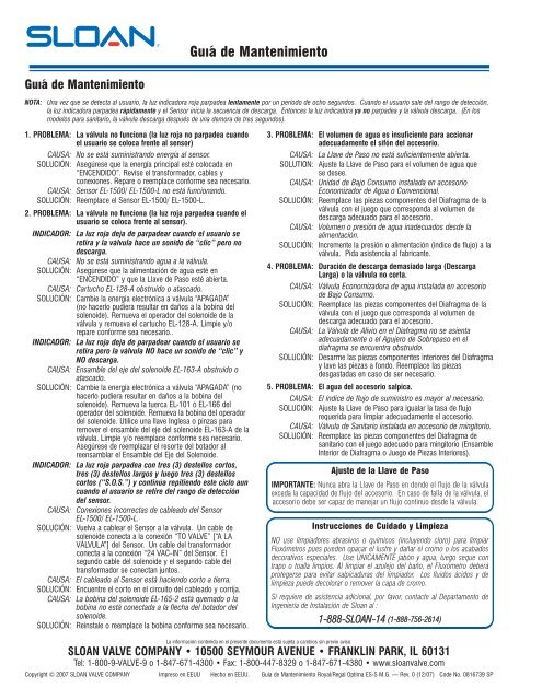 Guía de Mantenimiento: ES-S y WB ES-S - Sloan Valve Company