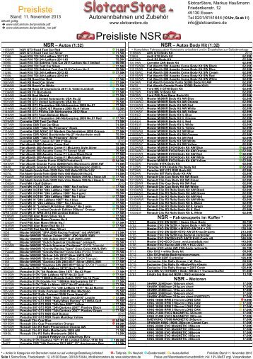 Preisliste NSR - Slotcarstore