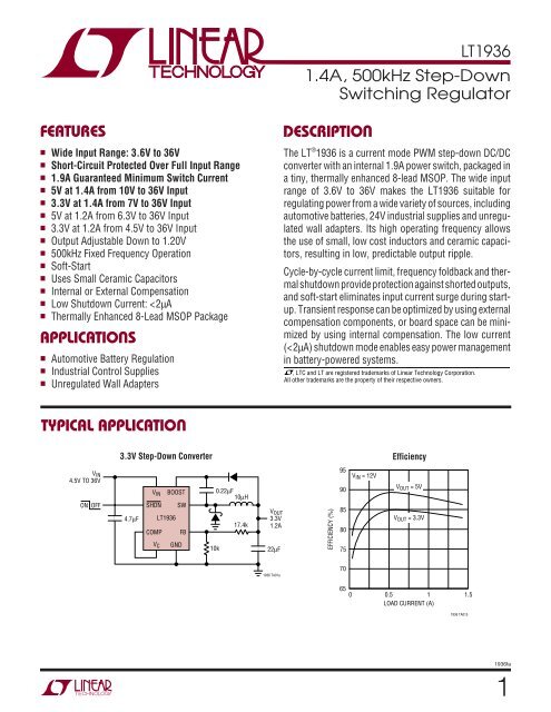 LT1936 APPLICATIO S U TYPICAL APPLICATIO U DESCRIPTIO U 1.4A ...