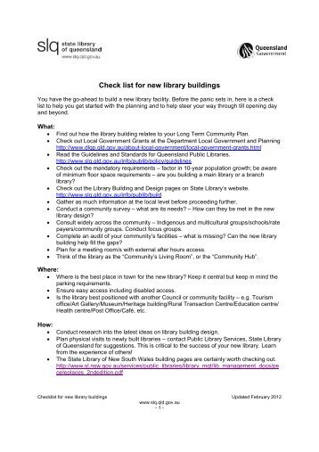 Check list for new library buildings - State Library of Queensland