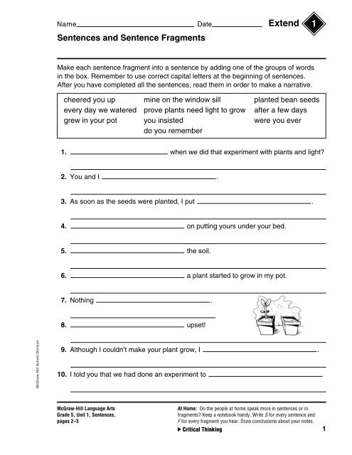 Sentences and Sentence Fragments - Macmillan/McGraw-Hill