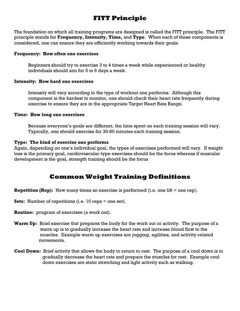 FITT Principle Common Weight Training Definitions