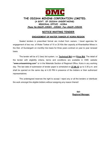 the odisha mining corporation limited. notice inviting tender