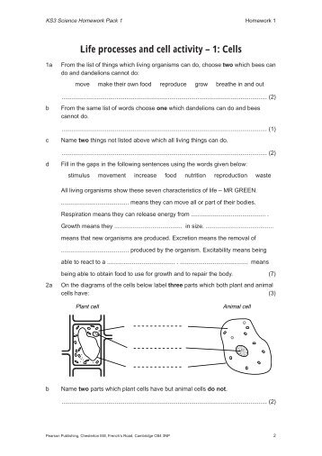 Life processes and cell activity â 1: Cells - Pearson Publishing