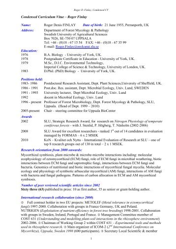 Condensed Curriculum Vitae – Roger Finlay Name: Roger ... - SLU