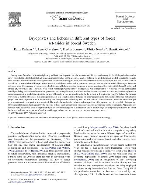 Set Aside Types Bryophytes and lichens in different types of forest set-asides in ... - SLU