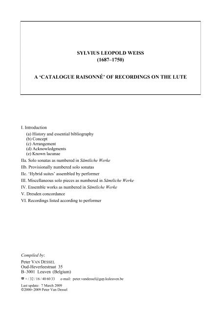 'catalogue raisonnÃ©' of recordings on the lute - Silvius Leopold Weiss
