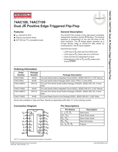 74AC109, 74ACT109 Dual JK Positive Edge-Triggered Flip-Flop