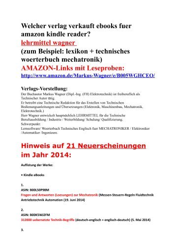 Newsletter verlag lehrmittel-wagner bietet mechatronik-ebooks (Nachschlagewerke englisch Woerterbuecher Glossar) ueber amazon plattform an