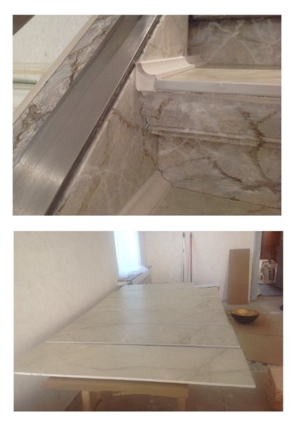 Treppenhaus Holztreppe restauriert und Marmoriert in Carrara Marmor