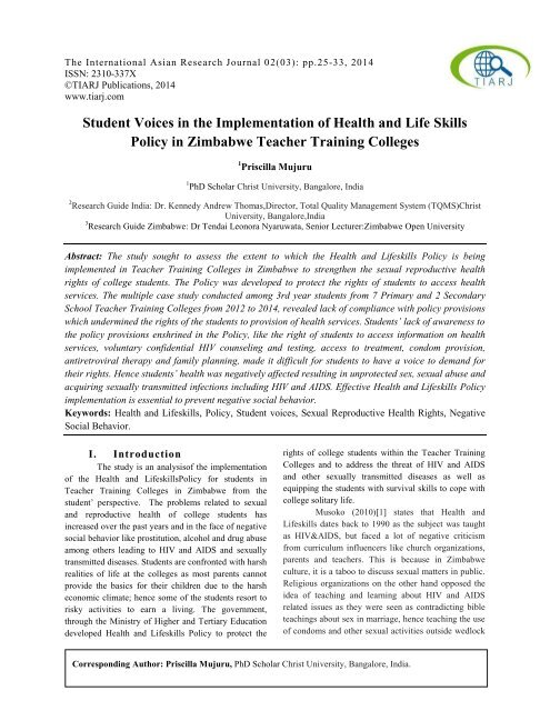 Student Voices in the Implementation of Health and Lifeskills Policy in Zimbabwe Teacher Training Colleges. By: Priscilla Mujuru